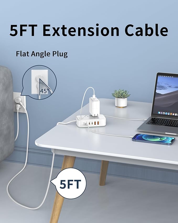 USB Charging Station for Multiple Devices PD 65W USB Power Strip Surge Protection 1200J, 5FT Flat Extension Cord Desktop USB Charging Hub for Travel,Home,Office,School,Dorm(White, 65w)