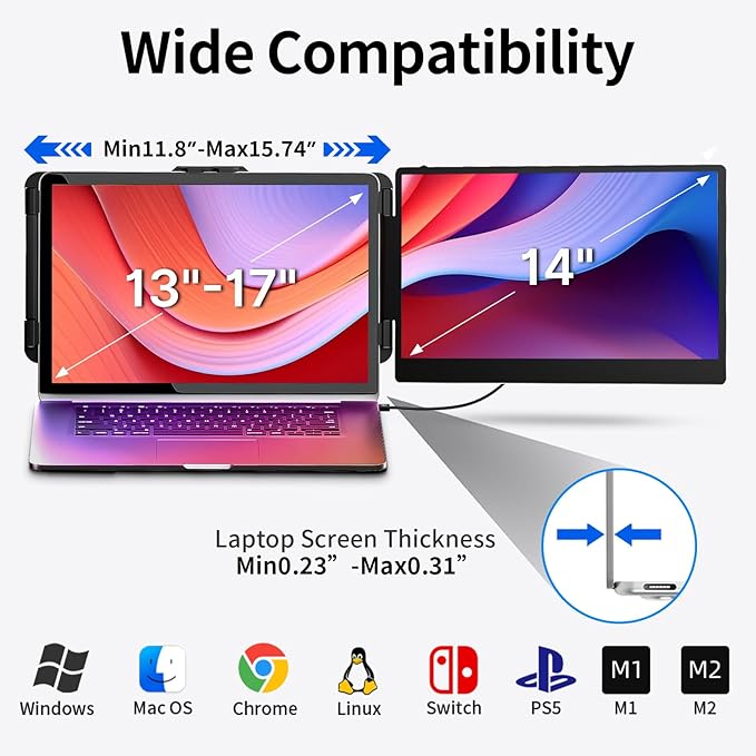 Laptop Screen Extender 14" FHD IPS Portable Travel Monitor for Laptop, Second Screen for 13"-17" Laptops, Plug & Play for Trip/Remote Work, Compatible with Windows/Mac/Android/Chrome