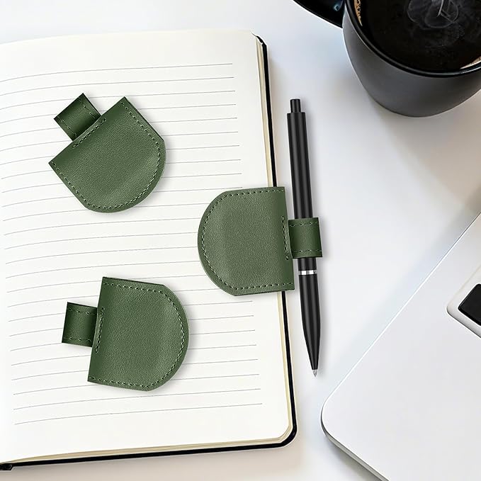 Magnetic Pen Loop Holder, Pencil Holder for Notebooks, Journals, Calendars, PU Leather 3 Pack, Green