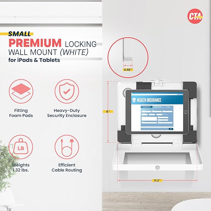 Locking iPad Wall Mount - CTA Anti-Theft Small Locking Tablet Enclosure w/ Key Lock & Interior Cable Routing for iPad Mini 1, 2, 3, 4, 5, 6, Samsung Tab A 8″, Lenovo Tab E8 - White- (PAD-PSWW)