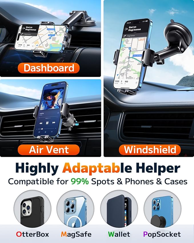 Qifutan Dash Mounted Phone Holders for Your Car Dash Phone Mount for Car Dashboard Air Vent Multi-Mount 3 in 1 Vehicle Windshield Holder Compatible Multi-Device Clip