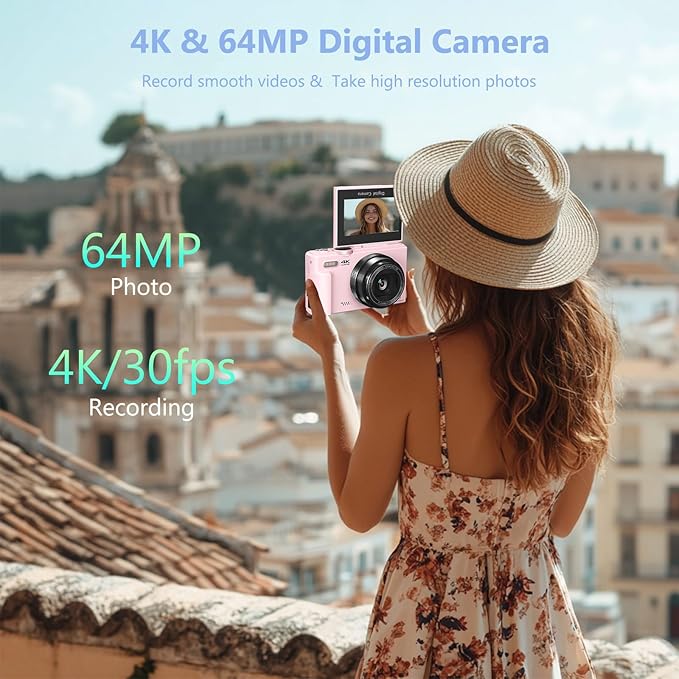 4K Digital Camera for Photography, 64MP Vlogging Camera for YouTube with 3" 180° Flip Screen, 18X Digital Zoom Point and Shoot Camara with 32GB Micro SD Card for Beginner (Light Pink)