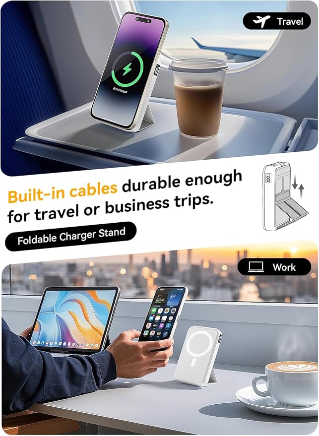Magnetic Portable Charger, 10000mAh Wireless Power Bank with 20W USB-C Fast Charging, Foldable Stand & LED Display Magnetic Battery Pack, Compatible with iPhone 16/15/14/ All Series