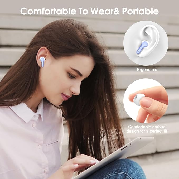 Wireless Earbuds, Bluetooth 5.4 Headphones HiFi Stereo, Bluetooth Earbuds with ENC Noise Cancelling Mic, IP7 Waterproof in Ear Earphones, 48H, LED Display Ear buds for Pad Phones Workout, White Purple
