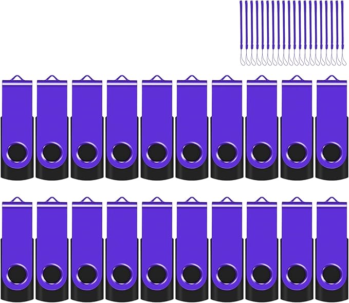 EASTBULLUSB Flash Drive Bulk 1GB 20 Pack with Lanyards USB 2.0 Thumb Drive Bulk Memory Stick Swivel Pen Drive for Storage and Backup 1GB 20 Pack, Purple