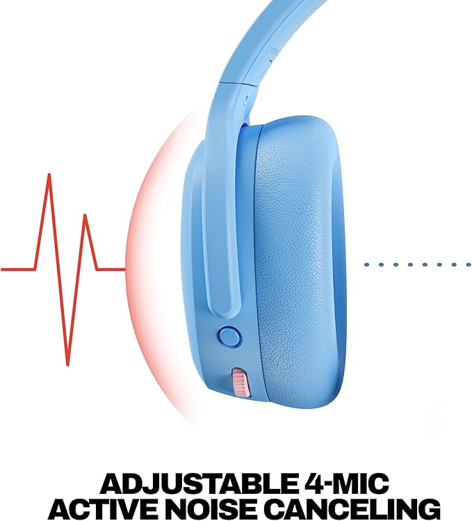 Skullcandy Crusher ANC 2 Wireless Over-Ear Bluetooth Headphones with Multi-Sensory Bass, Active Noise Cancelling, Up to 60 Hours Battery, Microphone for iPhone Android - Preppy Blue