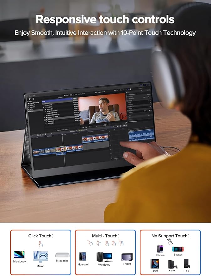EVICIV Portable Monitor Touchscreen 15.6 FHD 1080P IPS 10-Point Touch Screen Monitor & Speakers, HDMI USB C Eye-Care Travel External for Laptop Computer PC Phone Switch, VESA & Smart Cover