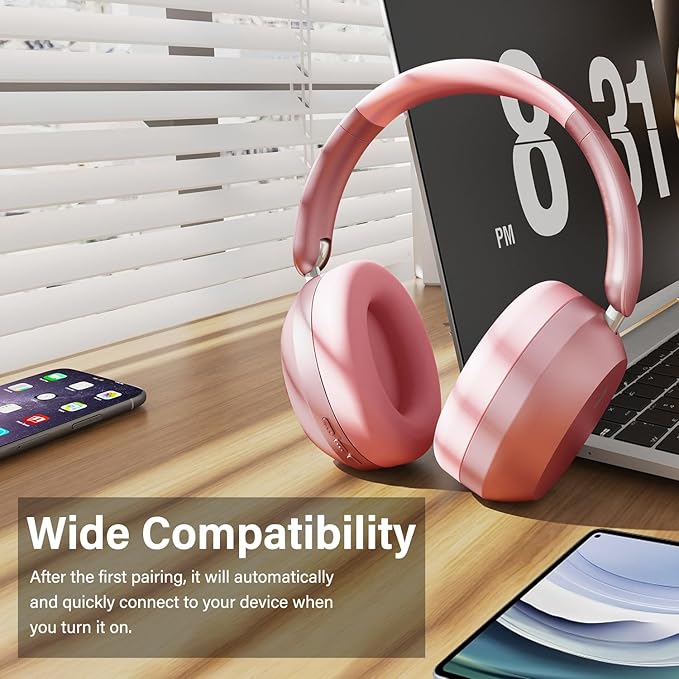 Wentronic Y05 Bluetooth Headphones Wireless Over Ear Noise Cancelling with Microphone 48 Hours Playtime, High Sound Quality Foldable Soft Earpads Earphones for Travel-Pink