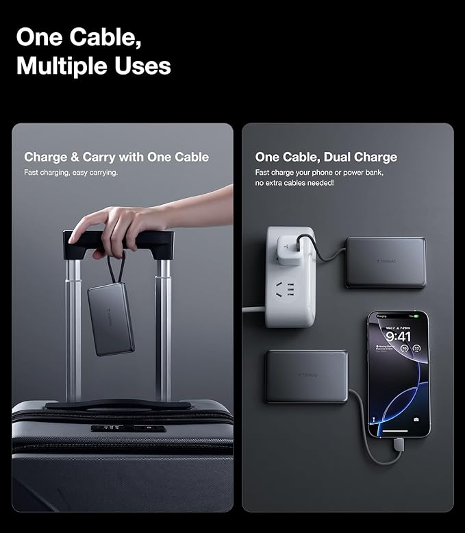 TORRAS Power Bank with Built-in USB-C Cable, Ultra-Slim 10,000mAh Portable Charger USB C, 22.5W Fast Charging Battery Pack for iPhone 16/15/Samsung S24 Ultra/Android, Glacier Grey (No-Wireless)