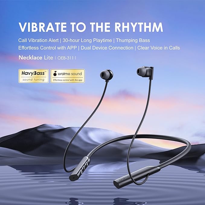 Oraimo NeckLite Wireless Neckband Earbuds, Wearable Around Neck Headphones Built-in Microphone, Bluetooth Headset Magnetic Earphones Deep Bass, Ultra-Lightweight Comfort, 30H Playtime, Black