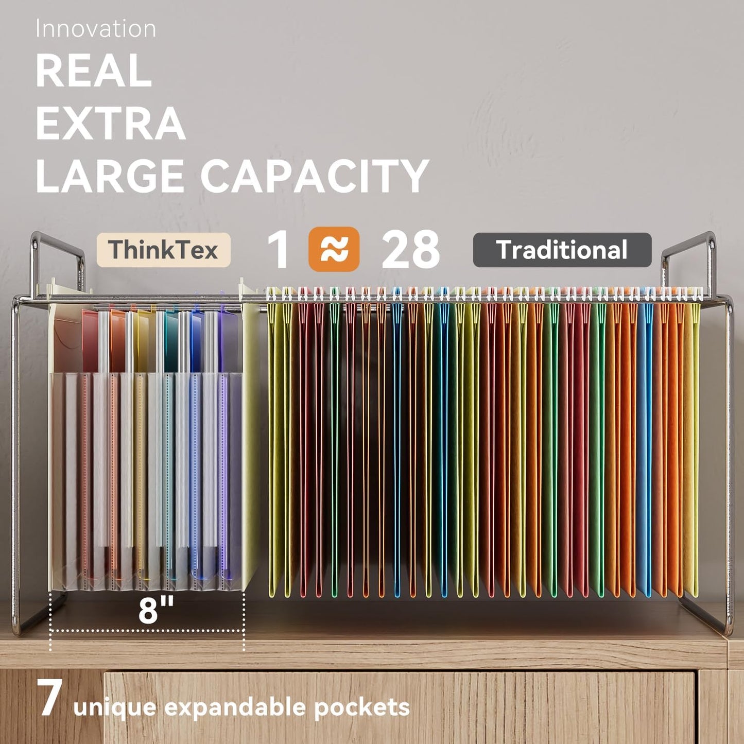 ThinkTex Plastic Expanding Hanging File Folders, 7 Innovative 1.2" Accordion Pockets, Large Capacity, Multi-Color Tabs, Letter Size for Filing Cabinet - Yellow