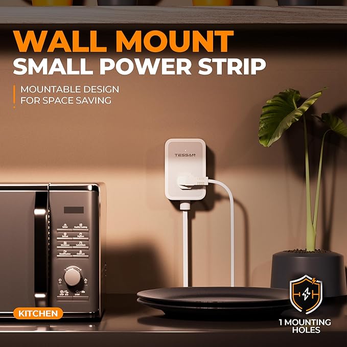 Short Flat Extension Cord, TESSAN Small Power Strip with 3 USB Port (1 USB C), 3 Outlets Small Charging Station, 3 ft Slim Plug for Cruise Travel Office School Dorm Room Essentials