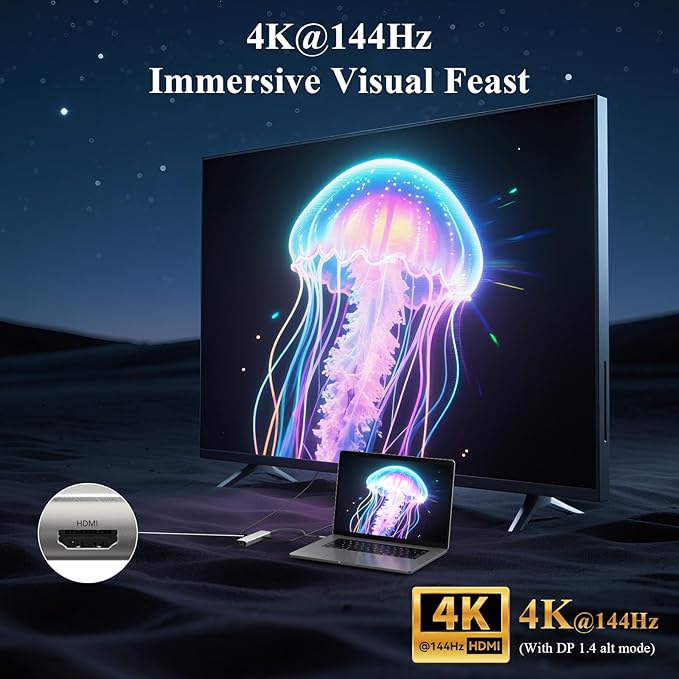 Minthouz USB C Hub, 6 in 1 Laptop Docking Station, Multiport Adapter with HDMI 4K@144Hz, 2500Mbps LAN, 10Gbps USB-A/C Ports, PD 100W Charging, Compatible with Surface, M1, M2, M3, HP, Lenovo