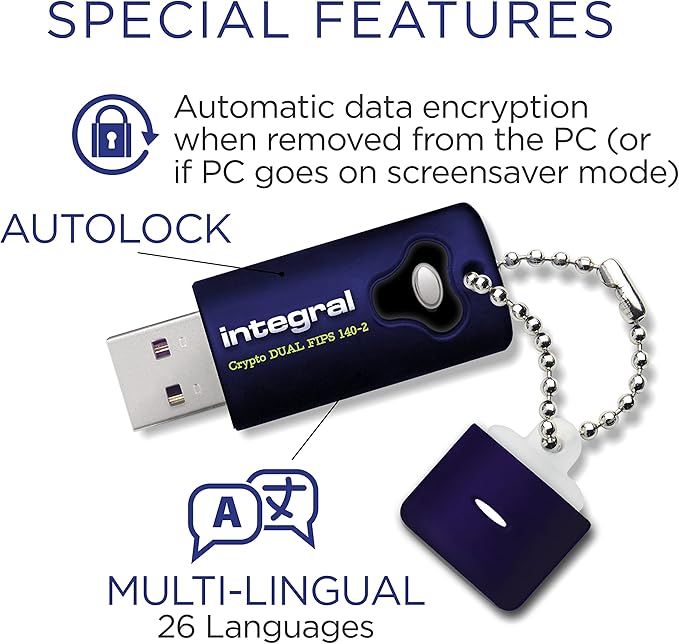 Integral 64GB Crypto-140-2 Dual Password 256-Bit Hardware 3.0 Secure Dual Password Drive - Certified to FIPS 19, Brute-Force Password Attack Protection & Rugged Triple-Layer Waterproof Design
