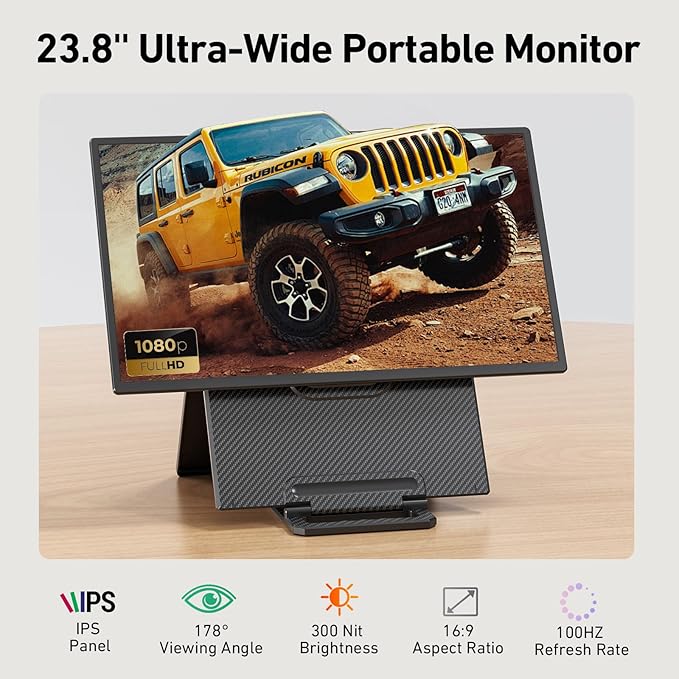 23.8" Portable Monitor 1080P FHD 100Hz, IPS Laptop Screen Extender with 120% sRGB, 90° Rotatable & Height Adjustable Stand, USB-C/HDMI Plug & Play, Travel Monitor for Mac, Phone, Switch, Xbox, PS5