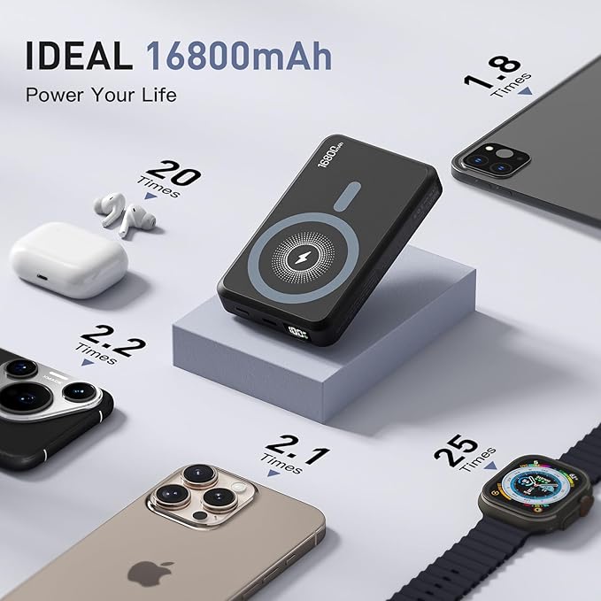 2025 Latest Magnetic Wireless Power Bank, 16800mAh Portable Charger with 2 Built in Cables, LED Display Magnetic Battery Pack Travel Essentials for iPhone 16/15/14/13/12/Pro/Mini/Pro Max Andriod