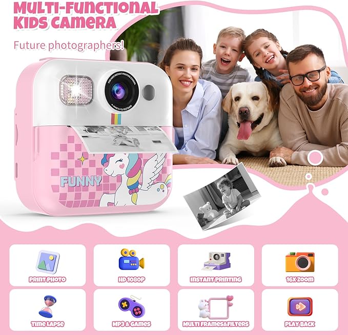 Instant Print Camera for Kids, 1080P Children Printable Cameras Christmas Birthday Gifts for Girls Age 3-10, Toddler Toy for 3 4 5 6 7 8 9 10 Year Old with 3 Roller Photo Paper (Pink)