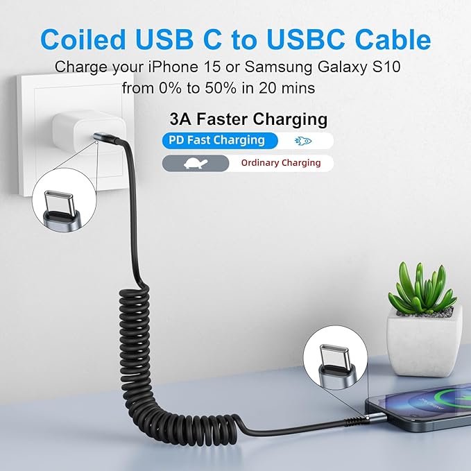 USB C to USB C Cable 6ft, 2Pack Coiled USB C Charger Cable Car, Type C Fast Charging for Cable for iPhone 17/16/15/Plus/Pro/Pro Max/MacBook Pro 2020/iPad Pro 2020/iPad Air 4/Samsung Galaxy S23