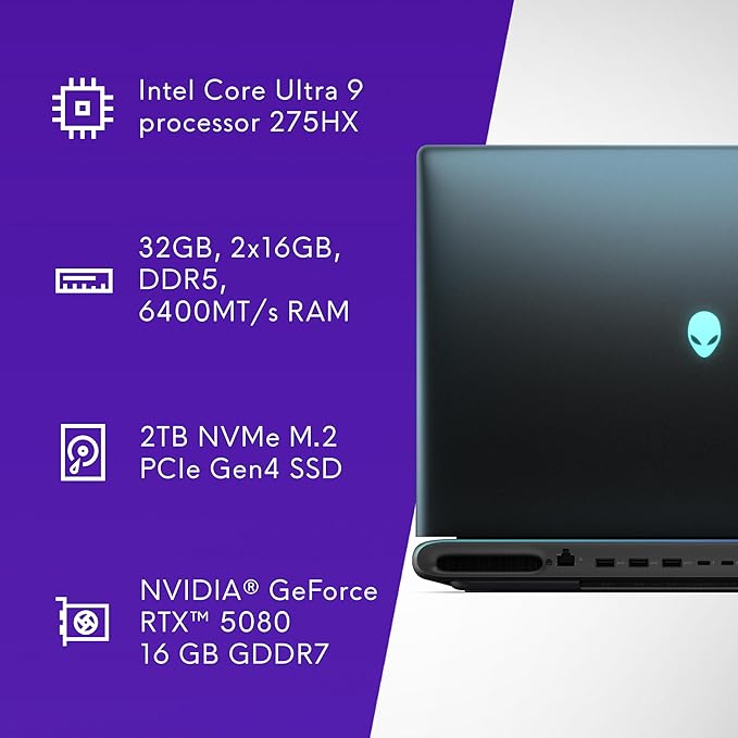 Alienware 18 Area-51 Gaming Laptop AA18250-18.0" WQXGA 300Hz 3ms Display, Intel Core Ultra 9 275HX, NVIDIA GeForce RTX 5080 Graphics, 32GB 2x16GB DDR5, 2TB NVMe M.2 PCIe Gen5 SSD, 2MP FHD IR Camera