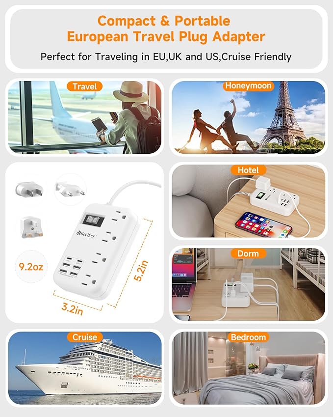 European Travel Plug Adapter, US to Europe Travel Power Strip with 6 USB(2 USB C) 4 Outlets, International Universal Travel Power Adapter with 3ft Extension Cord for EU UK France Italy Germany Cruise