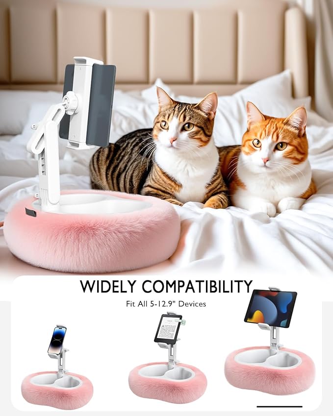 Tablet Pillow Stand, Compatible with 4.7"-12.9" Kindle, iPad, Phone/Tablet, Google, 360° Rotating Phone Holder for Bed, Detachable Bowl, Reading and Relaxation on Bed, Pink, Large (Faux Fur Pillow)