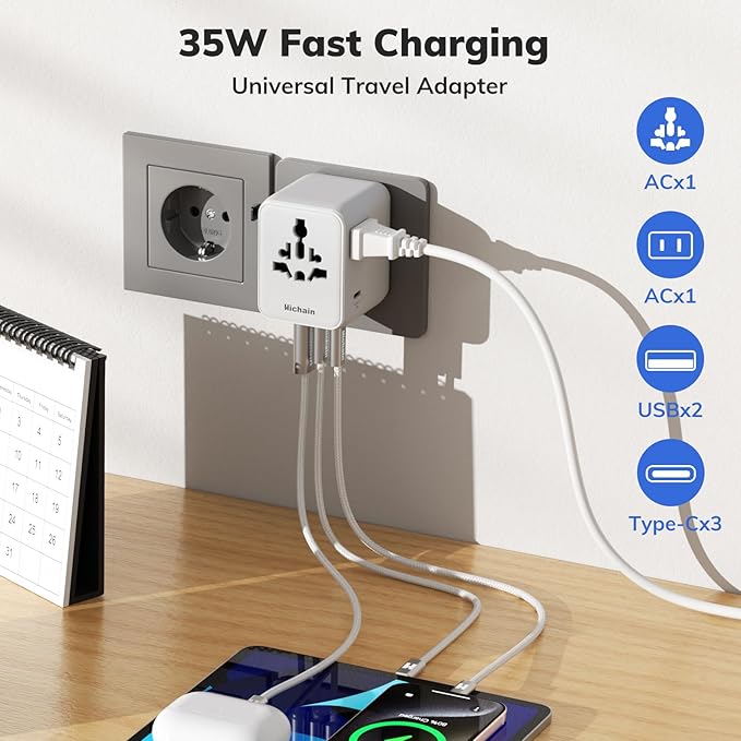 Hichain 35W 7-in-1 Universal Travel Adapter, Adapter for Europe Plug Fast Charging Universal Power Adapter Block, GaN Travel Adapter Worldwide Portable International Travel Plug Compact Size