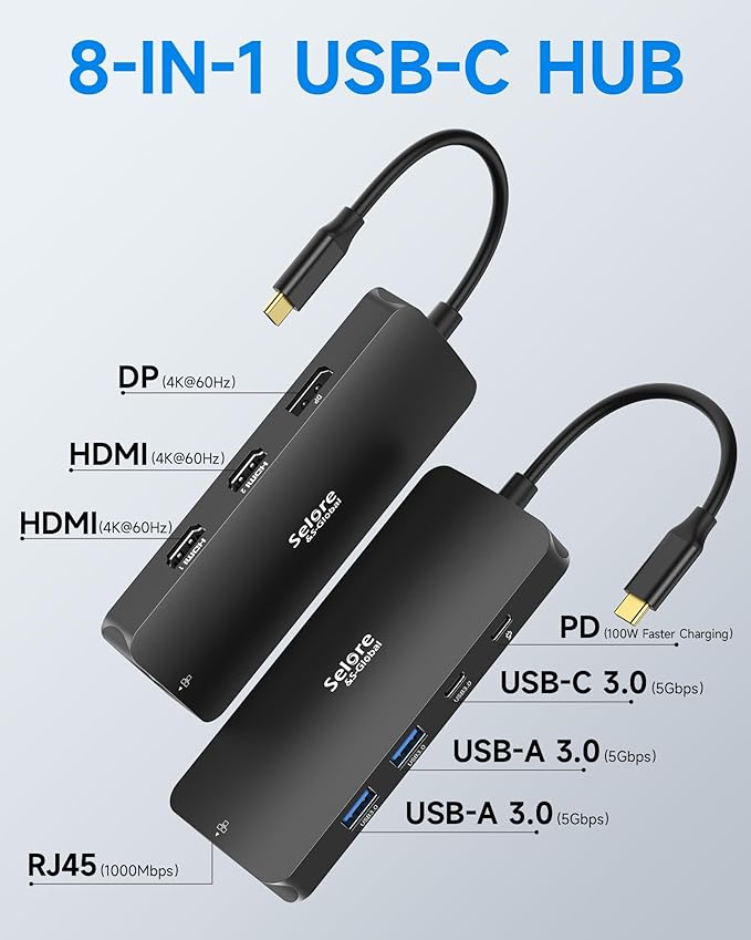 USB C Docking Station Dual Monitor, Selore Docking Station 3 Monitors Triple 4K Display with 2 HDMI, DisplayPort, 1 Gbps Ethernet, 100W PD Charging, USB 3.0 Ports Adapter for Dell, HP, etc(Black)