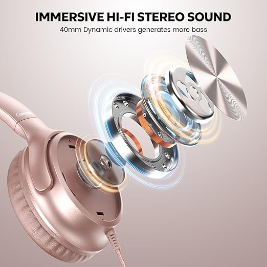 USB C Headphones Wired, Over Ear USB C Wired Headphones with Microphone, Volume Control, HD Stereo Sound, Foldable USB Type C Headphones for Adult/Teens/Chromebook/Laptop/Computer/iPhone,Rose