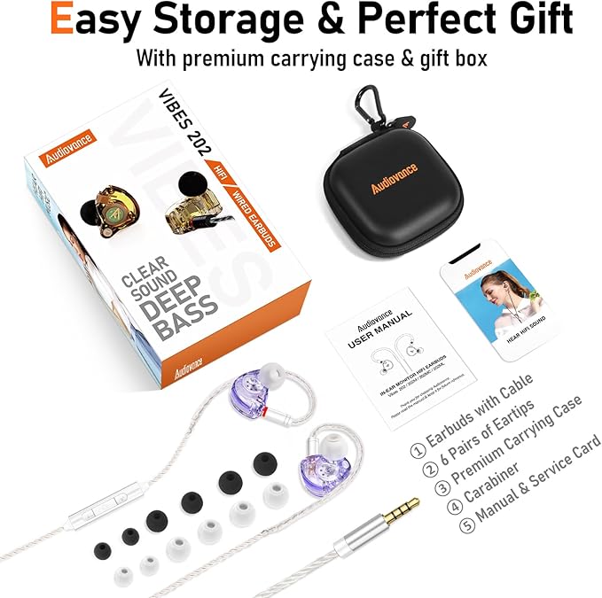 Vibes 202M Wired Earbuds - HiFi in Ear Monitor Headphones - Noise-Isolating Ear Buds w/ Mic - Clear Sound, Deep Bass & Comfort-Fit Gaming Earphones - MMCX to 3.5mm & Silver Plated Cord, Carrying Case