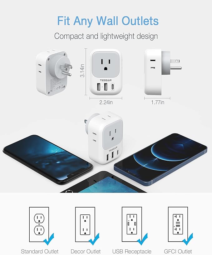 USB Wall Charger, Wall Plug Adapter Outlet Extender, TESSAN 3 Charger Block (1 USB C Port), Multi Charging Station for Cruise, Bathroom, Office, Dorm Essentials