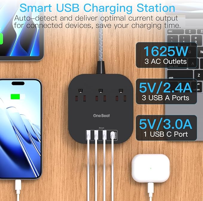 Power Strip with USB C, 3 Outlets 4 USB Ports (22.5W/4.5A) Desktop Charging Station, Flat Plug, 5ft Braided Extension Cord, Non Surge Protector for Travel, Cruise Ship, ETL Listed, Black