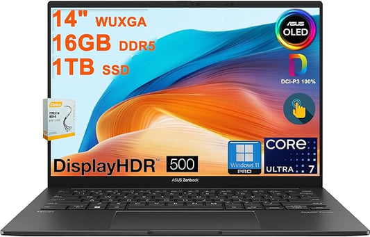 ASUS Zenbook 14 OLED Laptop | 14" WUXGA Lumina OLED Touch (100% DCI-P3, 500nits HDR) | Intel 16-core Ultra 7 255H (Up to 13 Tops) | 16GB DDR5 1TB SSD | Backlit Fingerprint Win11Pro w/DLCA Accessory