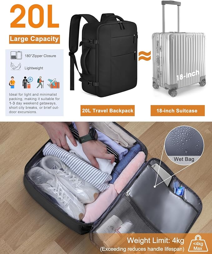 Capolo Travel Backpack for Women Men Waterproof Laptop Backpack Airlines Approved Personal Item Backpack Bag Computer Bookbag for Business, Work, Traveling Fits 15.6 Inch Laptop(Black Zipper)