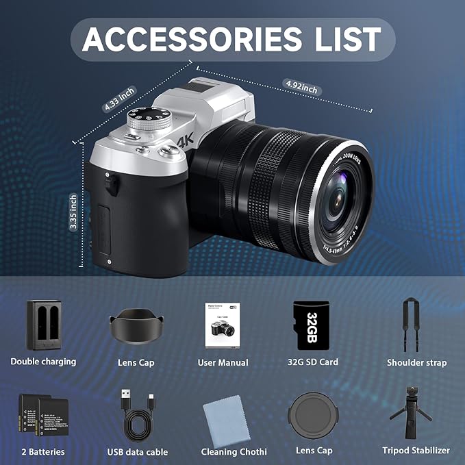 4K 75MP Digital Camera for Photography, Camera for Vlogging, 10X Optical Zoom, Auto Focus, WiFi, 3" Flip Touchscreen, 2 Batteries, Lens Hood, Tripod, Remote & Strap