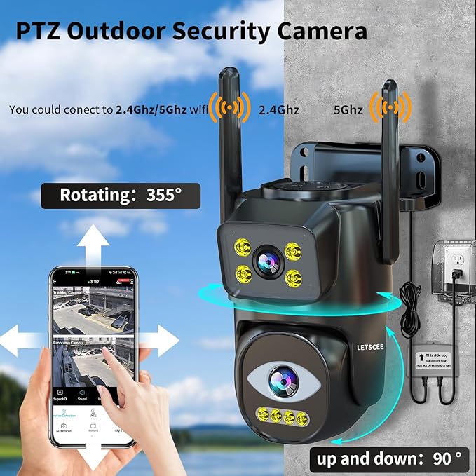 Security Cameras Outdoor WiFi,5G/2.4G Cameras for Home Security with Dual Lens,Motion Tracking,Night Vision,24/7 continous Record,Work with NVR/DVR Surveillance System,Weather Proof,SD/Cloud Storage