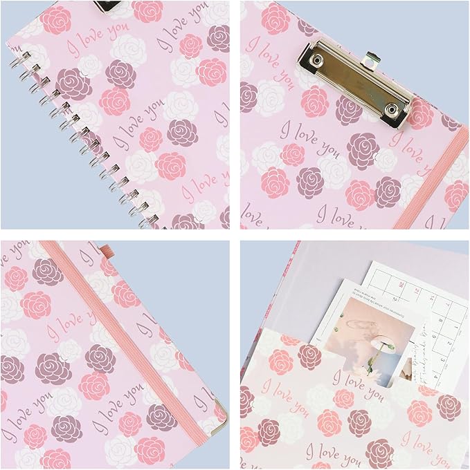 Clipboard Folio Spiral Folder Board,5 Extra Folders with 10 Storage Pockets,Refillable Lined Fillable Notepad,Folded Clipboard with Storage,Suitable for Office,School and Student (Pink Love Flower)
