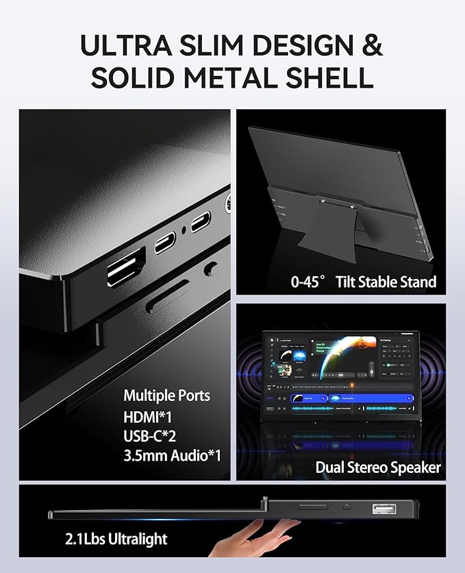 4K Portable Touch Monitor, 15.6" inch 3840 * 2160 UHD w/USB-C HDMI Laptop Monitor, 2000:1 100% RGB IPS ，Aluminum Alloy Shell,10-Point Touch，Dual Speaker, HDR, for Home, Work