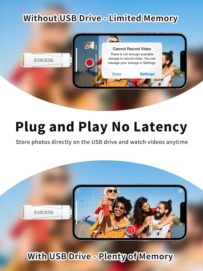 SCICNCE 256GB Flash Drive Intended for iPhone, USB Memory Stick Storage Backup for Photos Videos, Plug and Play No APP Required, Compatible with iPhone iPad Android and Computers (Metal Silver)