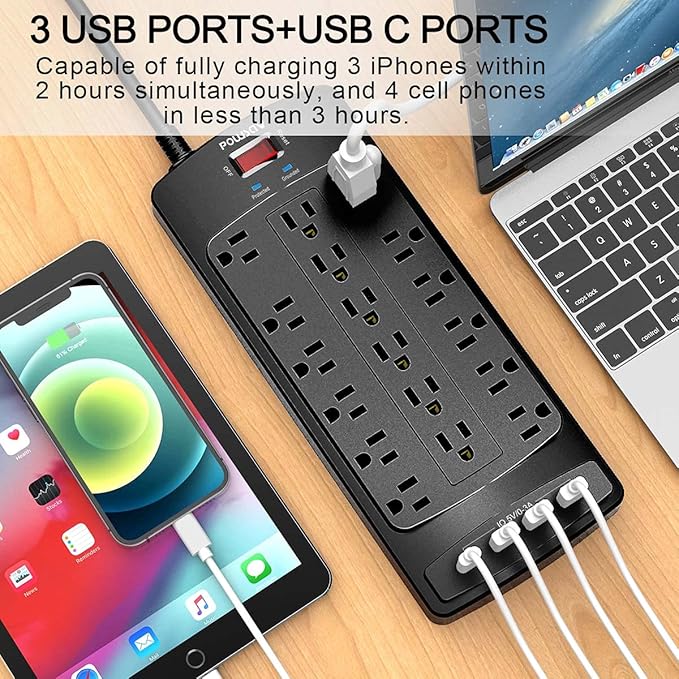 18 Outlets Surge Protector Power Strip - 20 Feet Flat Plug Heavy Duty Extension Cord with 18 Widely Outlets and 4 USB Ports, 2100 Joules, Black, ETL Listed