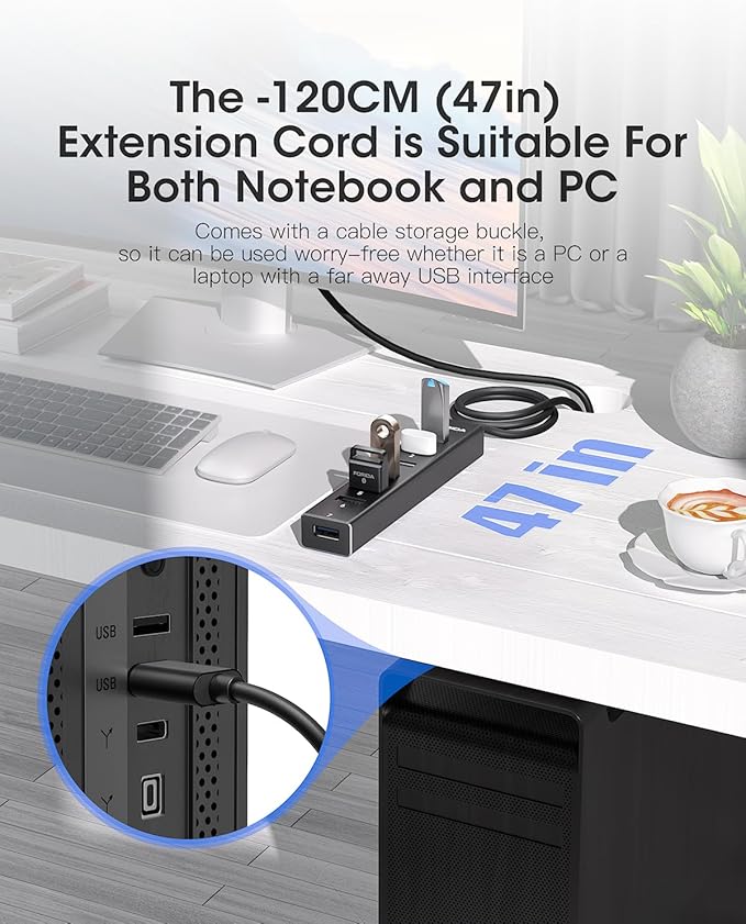 FORIDA Aluminum Alloy 8 Port USB Hub Long Cable USB Splitter with 7-USB3.0 Data Ports and TypeC 5V/3A Power Port Compatible with MacBook, Laptop,Surface Pro, PS5, PC and More (Black, USB A-47in)