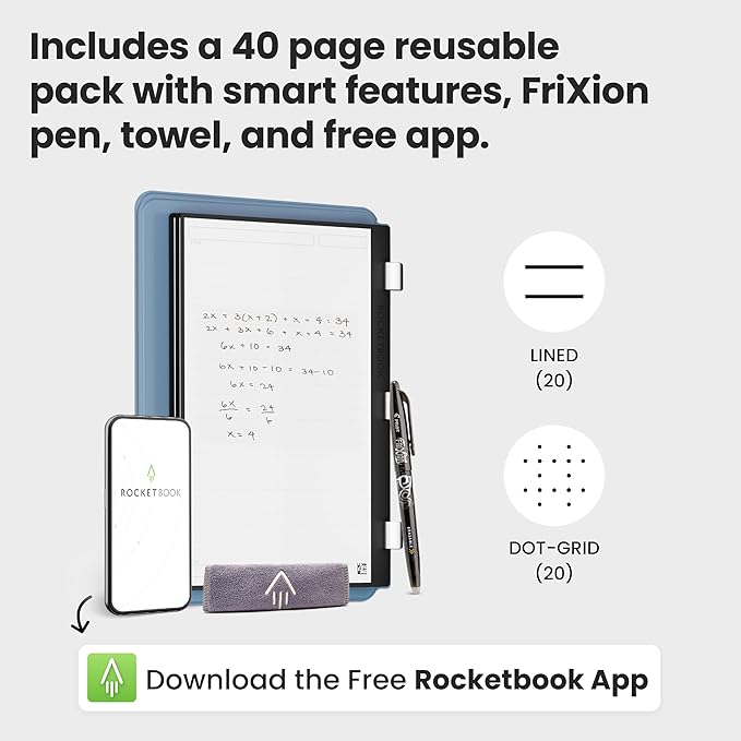 Rocketbook Pro 2.0 Reusable Professional Smart Notebook, Letter Size 8.5x11, Steel Blue - Lined & Dot Grid Pages, App-Connected, Erasable, Premium Cover, Ideal for Work Notes and Business Meetings