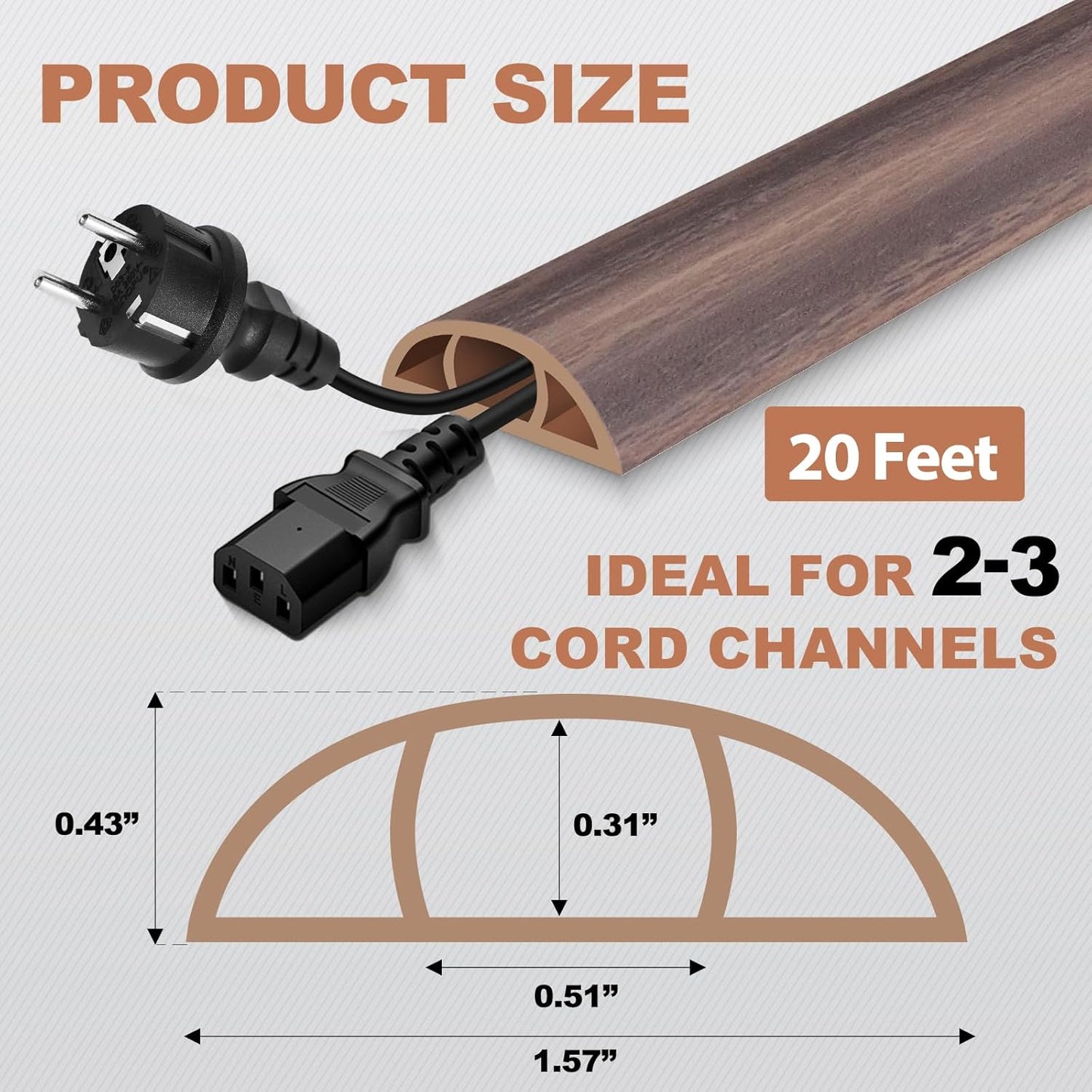 Floor Cord Cover for Wires on Floor Self Adhesive Cord Hider Floor Cable Management Wire Covers for Cords Protector Prevent Cable Trips Cord Cavity W 0.51" x H 0.31", Grayish Brown Wood, 20Ft