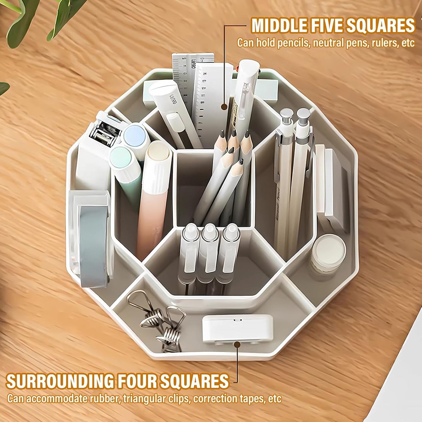 360 Degree Rotation Pen Holder,9 Slots Pencil Holder for Desk,Desk Organizer,Desk Accessories & Workspace Organizers,Apply Office, School, Home（Grey