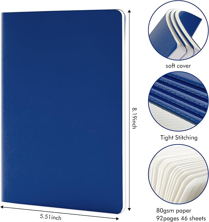 8 Pack Soft Cover Journal Bulk, Feela Notebooks College Ruled for Work, Lined Travel Journal for Women Men, Note Taking Notebook School Supplies Business Writing, 8.2” x 5.5”, A5, Navy