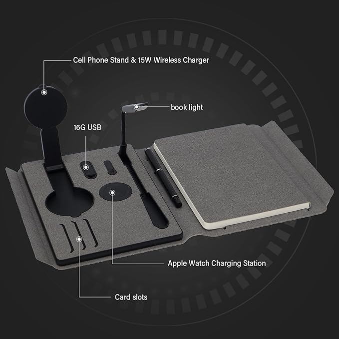 Travelers Notebook with book light,Travel Journal with 10000mAh Power Bank & 2-in-1 Wireless Charger,Hardcover Journal Set with Pen and Gift Box,Notebooks for Work,School,Travel,Business,Gift. ﻿