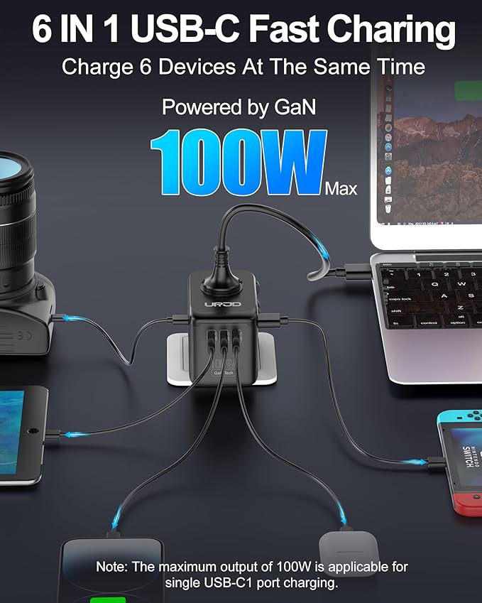 Universal Travel Adapter 100W GaN Fast Charger in One, 4 USB C & 1 USB A & AC Outlet, International Power Plug Adapter with EU UK US AUS Plugs for 180+ Countries