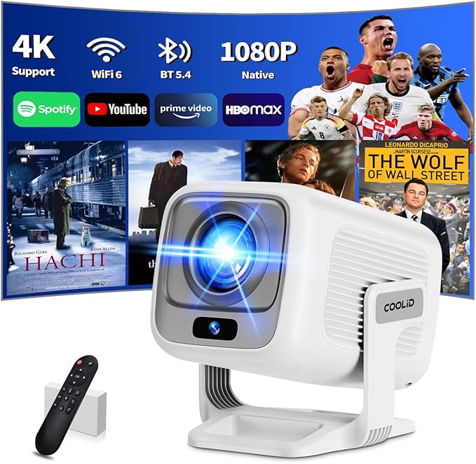 Mini Projector 1080P, Projector 4K Full HD, Smart Projector Featuring Auto Focus & Keystone Correction with Built-in Apps, Portable Projector WiFi 6 & Bluetooth 5.4 180° Rotation for Phone/Tablet/HDMI