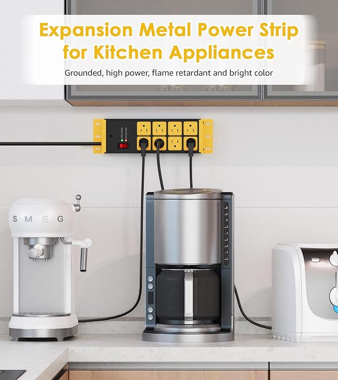 HHSOET 2 Pack Heavy Duty Power Strip 8 Outlets, Metal Wall Mount Outlet Strip 4800J Surge Protector, Garage Shop Under Desk Mountable 6FT Extension Cord Plug, ETL Listed