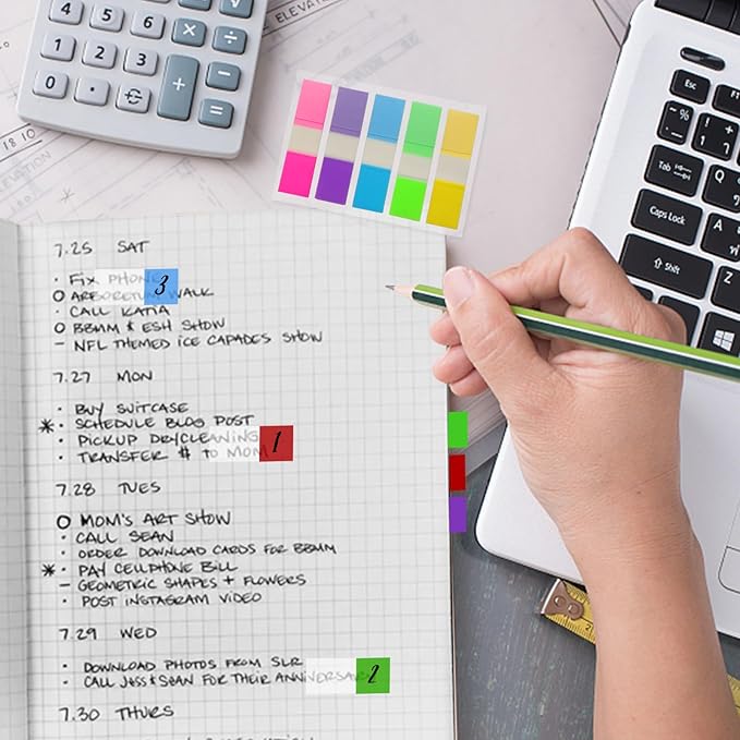 KICNIC Sticky Tabs 500 Pcs (1.77 * 0.47 in),Fluorescent Pop Up Book Tabs, Adhesive Index Tabs for Annotating Books, Page Marker Flags, Reusable for School, Binder, Office, 4 Dispensers (10 Colors)