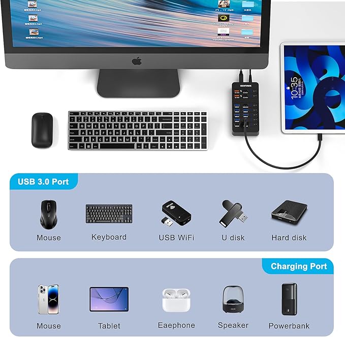 Powered USB Hub,14 Ports USB Data Hub Splitter with 6 USB 3.0 Port,4 Charging Port,1 USB-C 3.0 Data Port,1 PD 60W Charging Port w LED Individual On/Off Switches for MacBook,Mac Pro,Laptop/PC